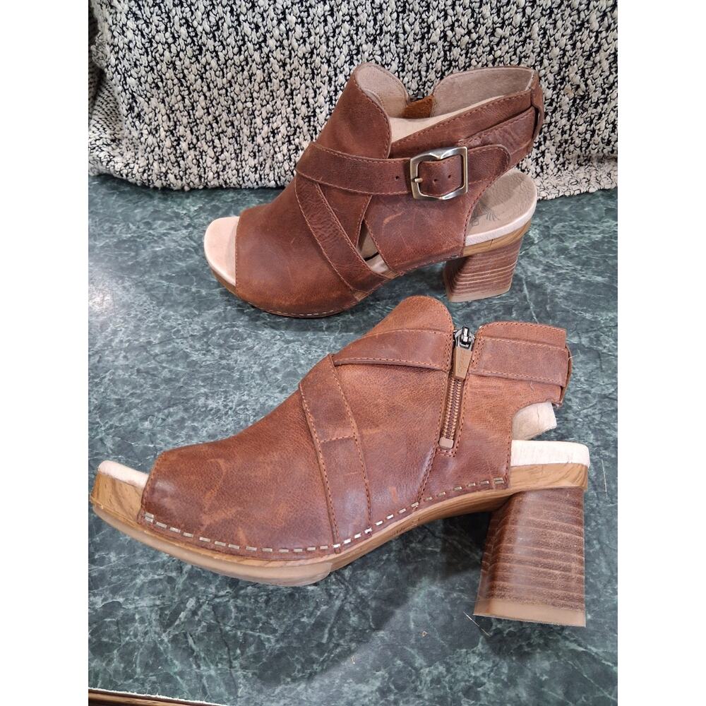 Dansko Sandals SZ 6.5-7 Arlene Platform Peep Toe Leather Stacked Block Heel Boho - Picture 5 of 12